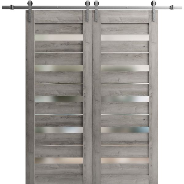 Sturdy Double Barn Door | Quadro 4445 Nebraska Grey with Frosted Glass | Silver 13FT Rail Hangers Heavy Set | Solid Panel Interior Doors