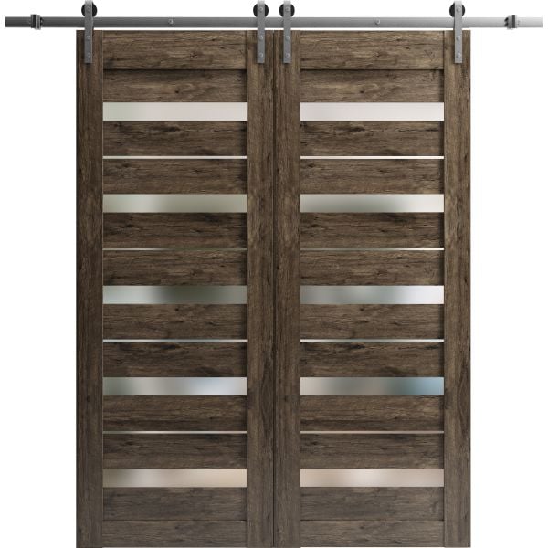 Sturdy Double Barn Door | Quadro 4445 Cognac Oak with Frosted Glass | Silver 13FT Rail Hangers Heavy Set | Solid Panel Interior Doors