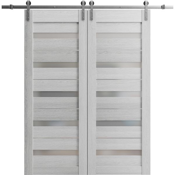 Sturdy Double Barn Door with Frosted Glass | Quadro 4445 Light Grey Oak | Silver 13FT Rail Hangers Heavy Set | Solid Panel Interior Doors