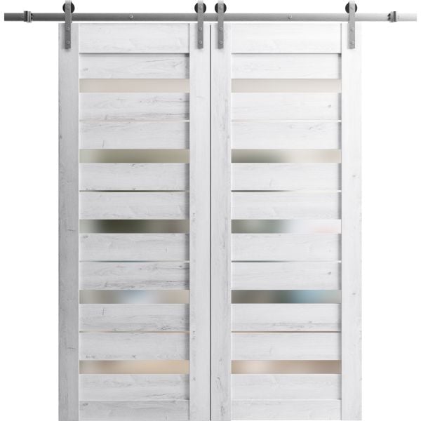 Sturdy Double Barn Door | Quadro 4445 Nordic White with Frosted Glass | Silver 13FT Rail Hangers Heavy Set | Solid Panel Interior Doors