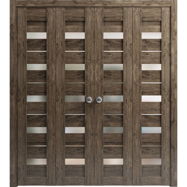 Sliding Closet Double Bi-fold Doors | Quadro 4445 Cognac Oak with Frosted Glass | Sturdy Tracks Moldings Trims Hardware Set | Wood Solid Bedroom Wardrobe Doors 