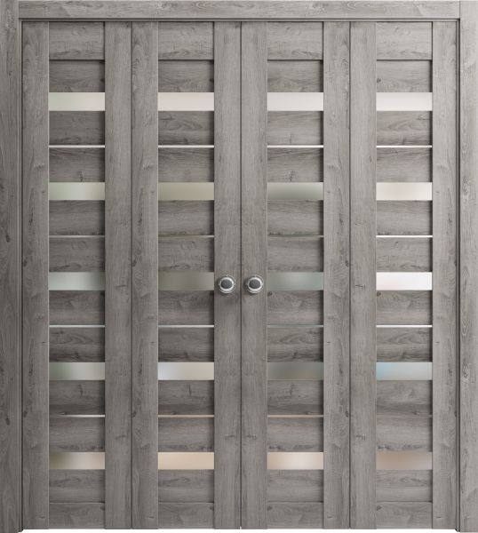 Sliding Closet Double Bi-fold Doors | Quadro 4445 Nebraska Grey with Frosted Glass | Sturdy Tracks Moldings Trims Hardware Set | Wood Solid Bedroom Wardrobe Doors 