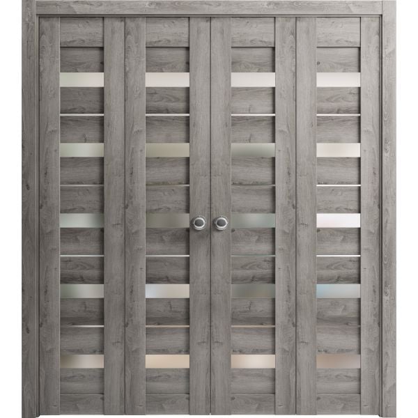 Sliding Closet Double Bi-fold Doors | Quadro 4445 Nebraska Grey with Frosted Glass | Sturdy Tracks Moldings Trims Hardware Set | Wood Solid Bedroom Wardrobe Doors 