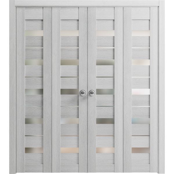 Sliding Closet Double Bi-fold Doors | Quadro 4445 Light Grey Oak with Frosted Glass | Sturdy Tracks Moldings Trims Hardware Set | Wood Solid Bedroom Wardrobe Doors 