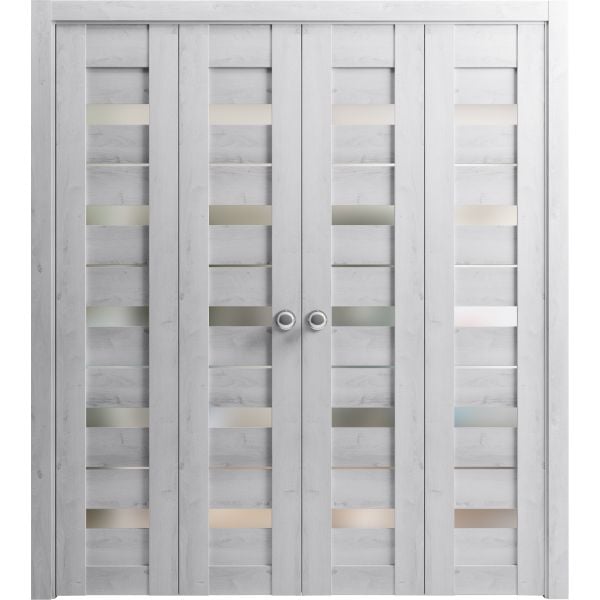 Sliding Closet Double Bi-fold Doors | Quadro 4445 Nordic White with Frosted Glass | Sturdy Tracks Moldings Trims Hardware Set | Wood Solid Bedroom Wardrobe Doors 