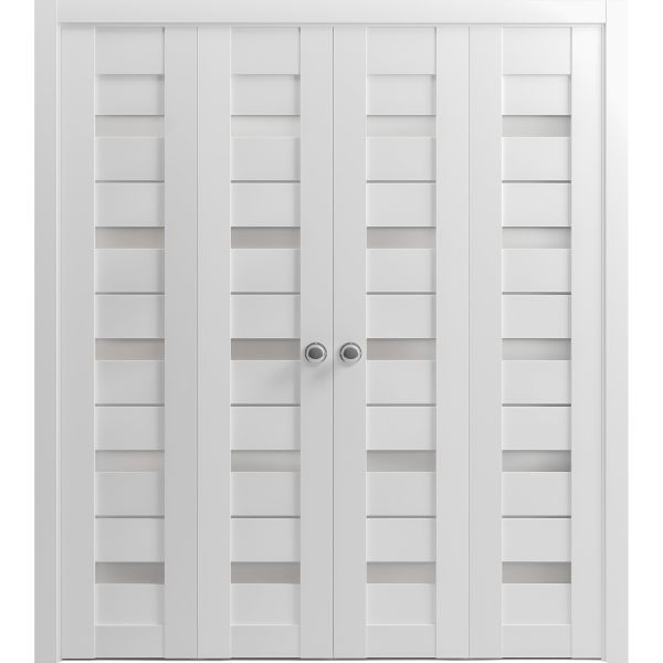 Sliding Closet Double Bi-fold Doors | Quadro 4445 White Silk with Frosted Glass | Sturdy Tracks Moldings Trims Hardware Set | Wood Solid Bedroom Wardrobe Doors 