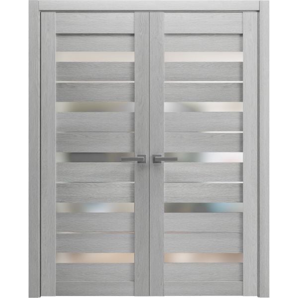 Solid French Double Doors Frosted Glass | Quadro 4445 Light Grey Oak | Wood Solid Panel Frame Trims | Closet Bedroom Sturdy Doors 