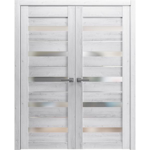 Solid French Double Doors Frosted Glass | Quadro 4445 Nordic White | Wood Solid Panel Frame Trims | Closet Bedroom Sturdy Doors 