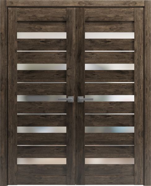 Solid French Double Doors Frosted Glass | Quadro 4445 Cognac Oak | Wood Solid Panel Frame Trims | Closet Bedroom Sturdy Doors -36" x 80" (2* 18x80)-Butterfly