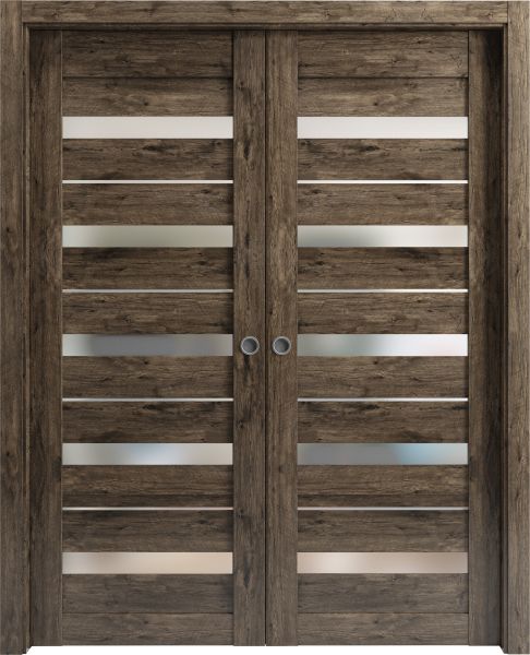 Sliding French Double Pocket Doors with Frosted Glass | Quadro 4445 Cognac Oak | Kit Trims Rail Hardware | Solid Wood Interior Bedroom Sturdy Doors-36" x 80" (2* 18x80)
