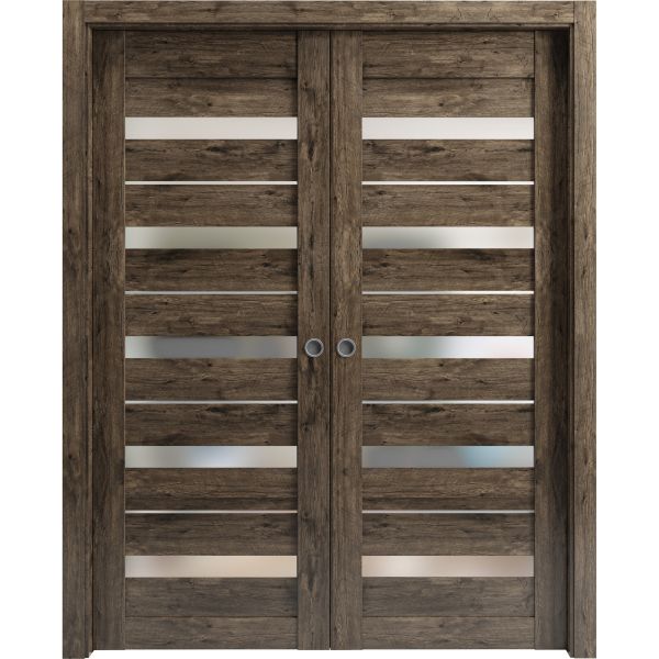 Sliding French Double Pocket Doors | Quadro 4445 Cognac Oak with Frosted Glass | Kit Trims Rail Hardware | Solid Wood Interior Bedroom Sturdy Doors