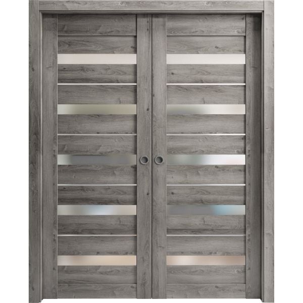 Sliding French Double Pocket Doors | Quadro 4445 Nebraska Grey with Frosted Glass | Kit Trims Rail Hardware | Solid Wood Interior Bedroom Sturdy Doors