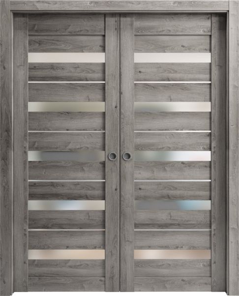 Sliding French Double Pocket Doors with Frosted Glass | Quadro 4445 Nebraska Grey | Kit Trims Rail Hardware | Solid Wood Interior Bedroom Sturdy Doors-36" x 80" (2* 18x80)