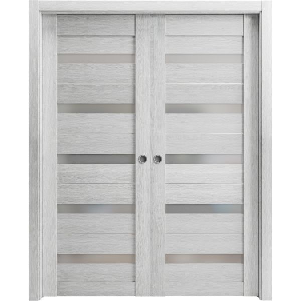 Sliding French Double Pocket Doors | Quadro 4445 Light Grey Oak with Frosted Glass | Kit Trims Rail Hardware | Solid Wood Interior Bedroom Sturdy Doors