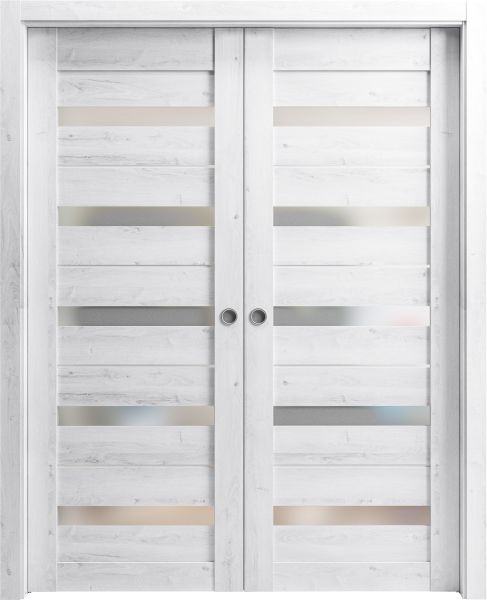 Sliding French Double Pocket Doors with Frosted Glass | Quadro 4445 Nordic White | Kit Trims Rail Hardware | Solid Wood Interior Bedroom Sturdy Doors-36" x 80" (2* 18x80)
