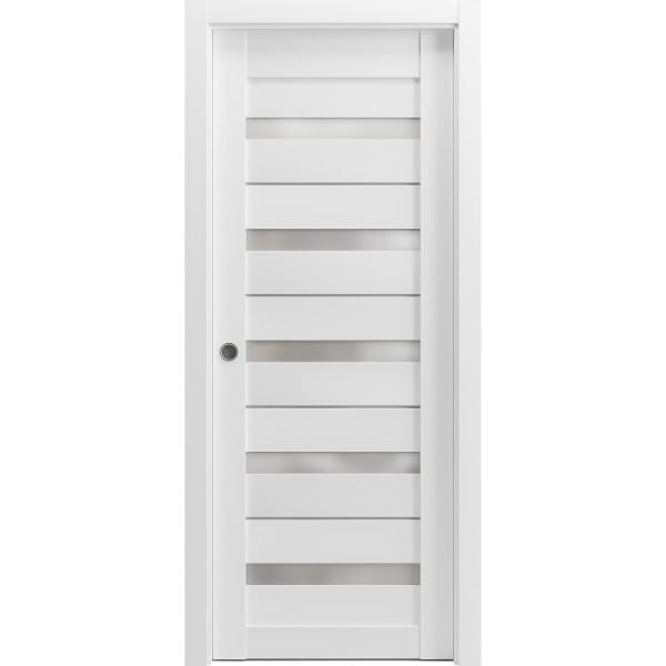 Sliding French Pocket Door | Quadro 4445 White Silk with Frosted Glass | Kit Trims Rail Hardware | Solid Wood Interior Bedroom Sturdy Doors