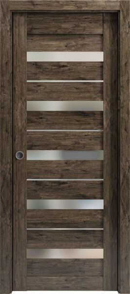 Sliding French Pocket Door with Frosted Glass | Quadro 4445 Cognac Oak | Kit Trims Rail Hardware | Solid Wood Interior Bedroom Sturdy Doors-28" x 96"