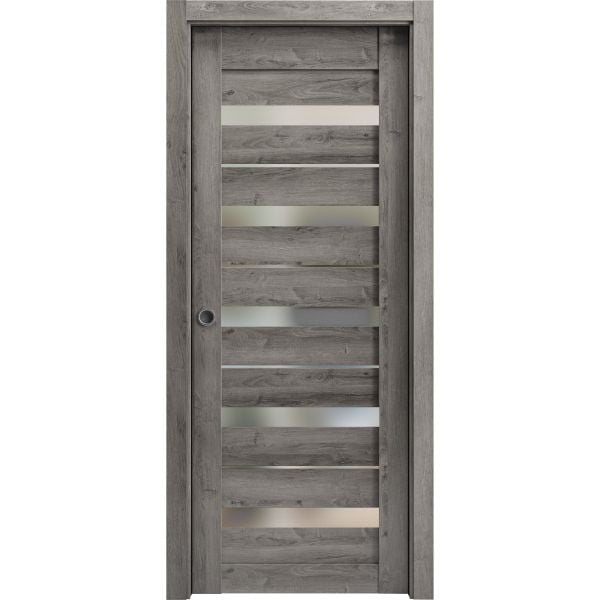 Sliding French Pocket Door with Frosted Glass | Quadro 4445 Nebraska Grey | Kit Trims Rail Hardware | Solid Wood Interior Bedroom Sturdy Doors