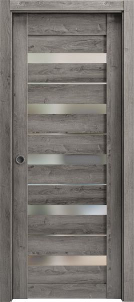 Sliding French Pocket Door with Frosted Glass | Quadro 4445 Nebraska Grey | Kit Trims Rail Hardware | Solid Wood Interior Bedroom Sturdy Doors-18" x 80"