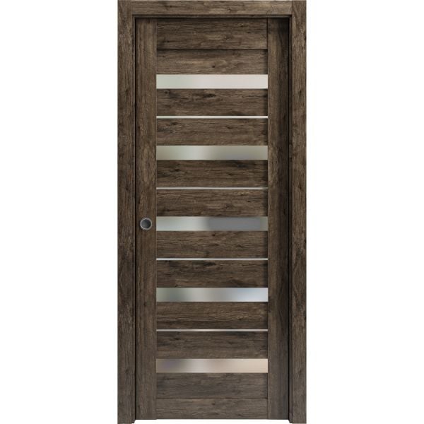 Sliding French Pocket Door with Frosted Glass | Quadro 4445 Cognac Oak | Kit Trims Rail Hardware | Solid Wood Interior Bedroom Sturdy Doors