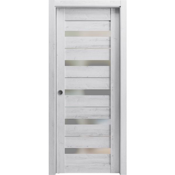 Sliding French Pocket Door | Quadro 4445 Nordic White with Frosted Glass | Kit Trims Rail Hardware | Solid Wood Interior Bedroom Sturdy Doors