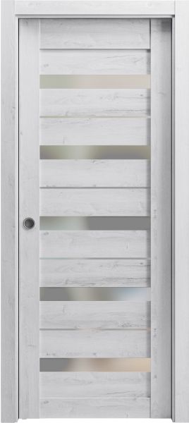 Sliding French Pocket Door with Frosted Glass | Quadro 4445 Nordic White | Kit Trims Rail Hardware | Solid Wood Interior Bedroom Sturdy Doors-42" x 84"