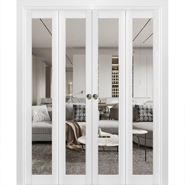 Sliding Closet Double Bi-fold Doors | Lucia 2166 White Silk with Clear Glass | Sturdy Tracks Moldings Trims Hardware Set | Wood Solid Bedroom Wardrobe Doors 