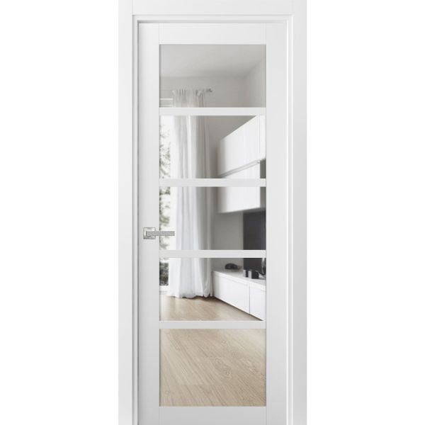 Solid Interior French | Quadro 4522 White Silk with Clear Glass | Single Regular Panel Frame Trims Handle | Bathroom Bedroom Sturdy Doors -18" x 80"-Butterfly-Clear