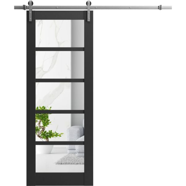 Sturdy Barn Door | Quadro 4522 Matte Black with Clear Glass | Silver 6.6FT Rail Hangers Heavy Hardware Set | Solid Panel Interior Doors