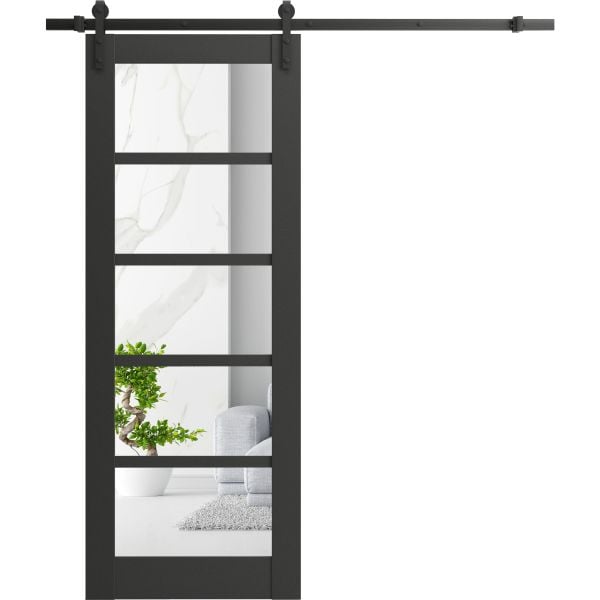 Sturdy Barn Door | Quadro 4522 Matte Black with Clear Glass | 6.6FT Rail Hangers Heavy Hardware Set | Solid Panel Interior Doors
