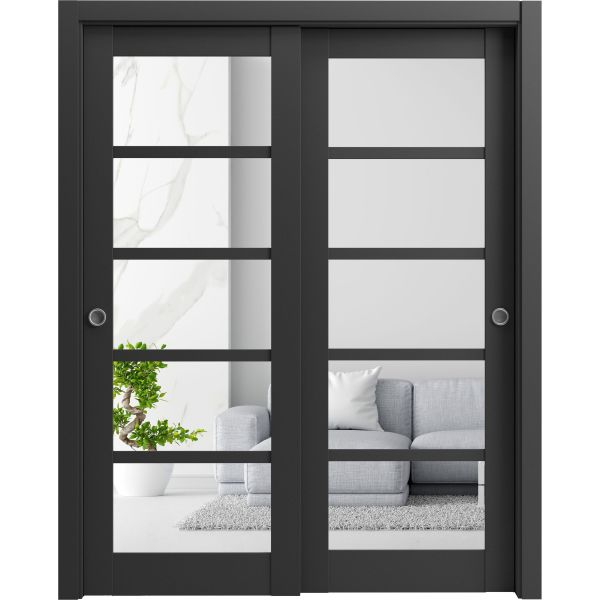 Sliding Closet Bypass Doors | Quadro 4522 Matte Black with Clear Glass | Sturdy Rails Moldings Trims Hardware Set | Wood Solid Bedroom Wardrobe Doors 