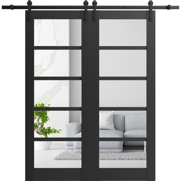 Sturdy Double Barn Door | Quadro 4522 Matte Black with Clear Glass | 13FT Rail Hangers Heavy Set | Solid Panel Interior Doors