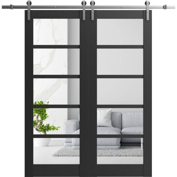 Sturdy Double Barn Door | Quadro 4522 Matte Black with Clear Glass | 13FT Rail Hangers Heavy Set | Solid Panel Interior Doors-36" x 80" (2* 18x80)-Clear Glass-Silver Rail