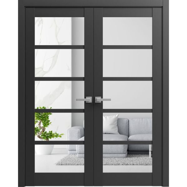 Solid French Double Doors | Quadro 4522 Matte Black with Clear Glass | Wood Solid Panel Frame Trims | Closet Bedroom Sturdy Doors-36" x 80" (2* 18x80)-Butterfly-Clear Glass