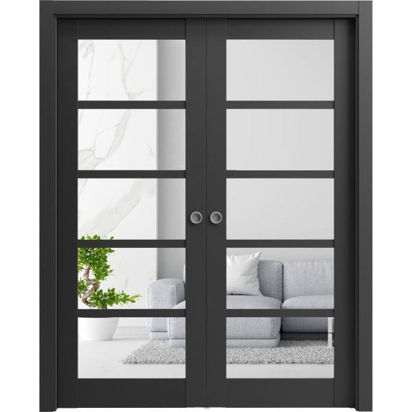Sliding French Double Pocket Doors | Quadro 4522 Matte Black with Clear Glass | Kit Trims Rail Hardware | Solid Wood Interior Bedroom Sturdy Doors