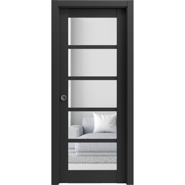 Sliding French Pocket Door | Quadro 4522 Matte Black with Clear Glass | Kit Trims Rail Hardware | Solid Wood Interior Bedroom Sturdy Doors-18" x 80"-Clear Glass