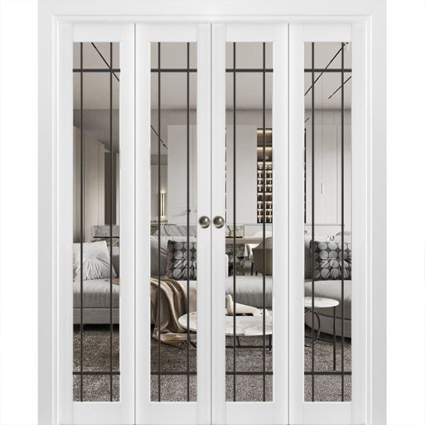 Sliding Closet Double Bi-fold Doors | Lucia 2266 White Silk with Clear Glass | Sturdy Tracks Moldings Trims Hardware Set | Wood Solid Bedroom Wardrobe Doors -72" x 80" (4* 18x80)-Clear Glass