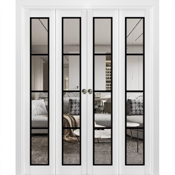 Sliding Closet Double Bi-fold Doors | Lucia 2466 White Silk with Clear Glass | Sturdy Tracks Moldings Trims Hardware Set | Wood Solid Bedroom Wardrobe Doors 