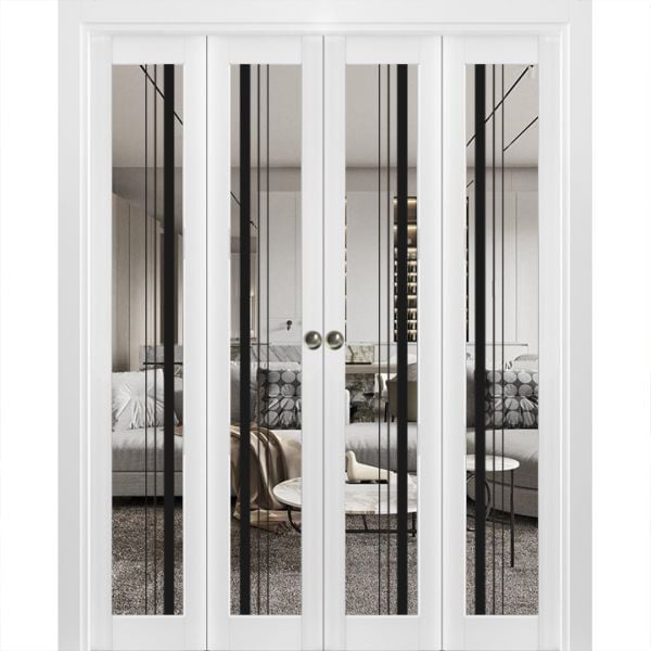 Sliding Closet Double Bi-fold Doors | Lucia 2566 White Silk with Clear Glass | Sturdy Tracks Moldings Trims Hardware Set | Wood Solid Bedroom Wardrobe Doors 