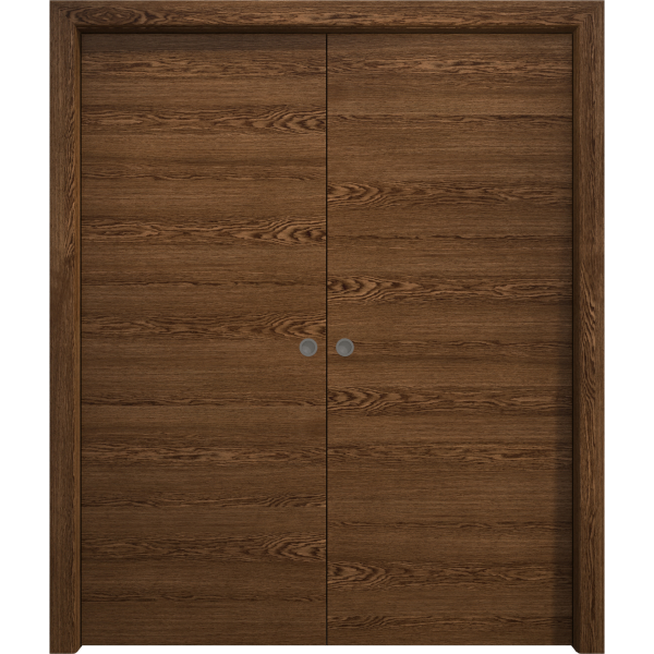 Sliding French Double Pocket Doors 36 x 80 inches | Ego 5000 Cognac Oak | Kit Rail Hardware | Solid Wood Interior Bedroom Modern Doors