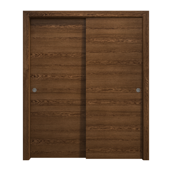 Sliding Closet Bypass Doors 84 x 96 inches | Ego 5000 Cognac Oak | Rails Hardware Set | Wood Solid Bedroom Wardrobe Doors
