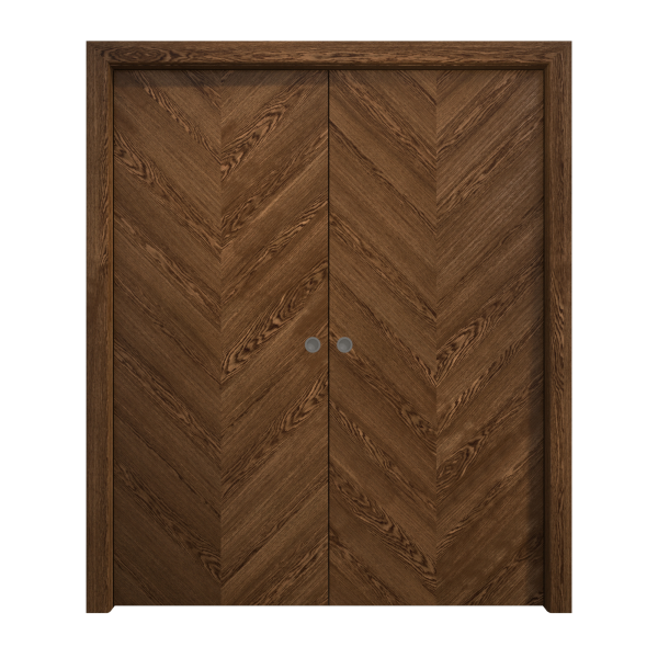 Sliding French Double Pocket Doors 56 x 84 inches | Ego 5005 Cognac Oak | Kit Rail Hardware | Solid Wood Interior Bedroom Modern Doors