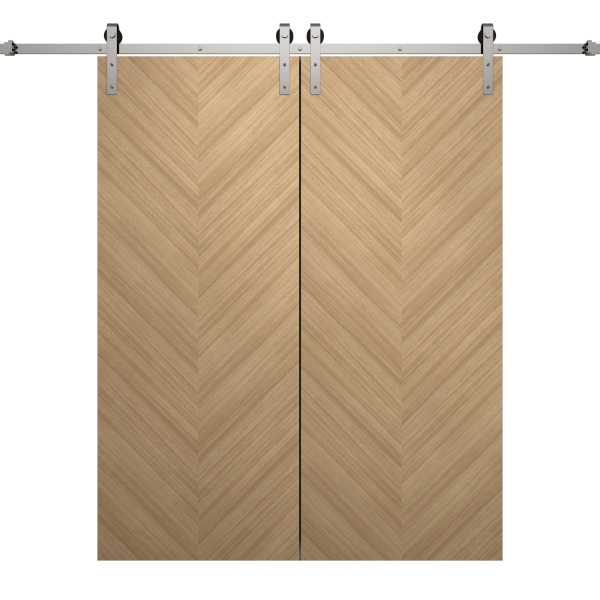 Modern Double Barn Door 64 x 96 inches | Ego 5005 Natural Oak | 13FT Silver Rail Track Set | Solid Panel Interior Doors