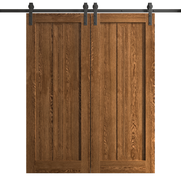 Modern Double Barn Door 36 x 80 inches | Ego 5006 Cognac Oak | 13FT Rail Track Set | Solid Panel Interior Doors