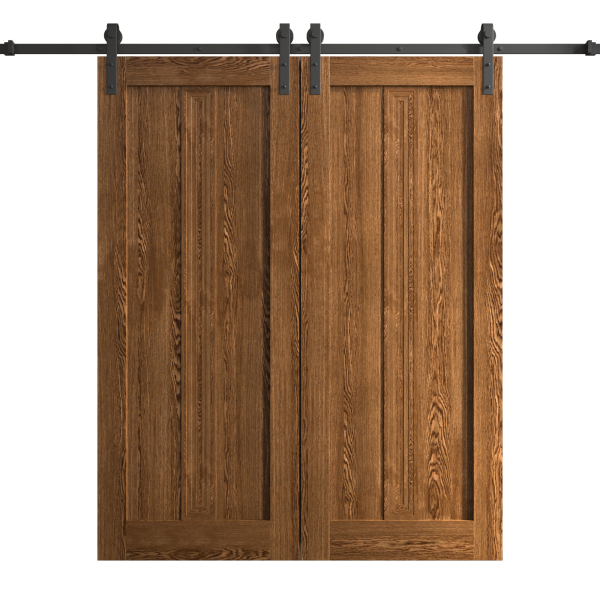 Modern Double Barn Door 72 x 96 inches | Ego 5006 Cognac Oak | 13FT Rail Track Set | Solid Panel Interior Doors