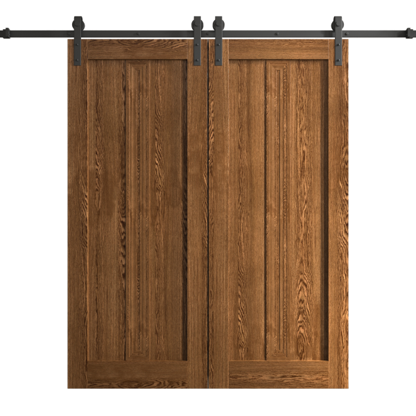 Modern Double Barn Door 60 x 84 inches | Ego 5006 Cognac Oak | 13FT Rail Track Set | Solid Panel Interior Doors