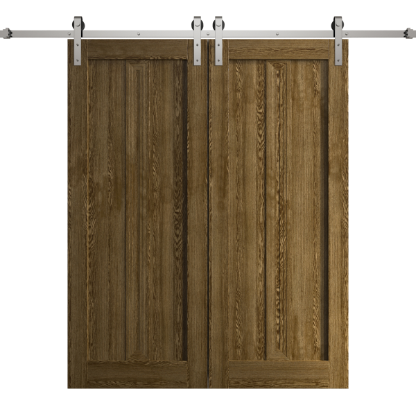 Modern Double Barn Door 84 x 80 inches | Ego 5006 Marble Oak | 14FT Silver Rail Track Set | Solid Panel Interior Doors