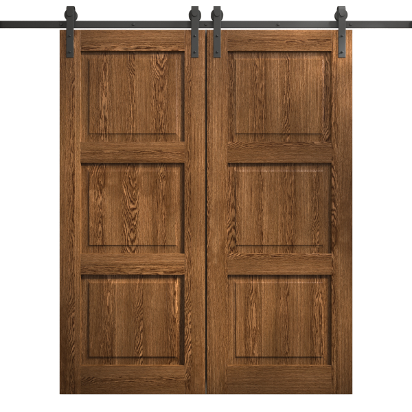 Modern Double Barn Door 36 x 80 inches | Ego 5010 Cognac Oak | 13FT Rail Track Set | Solid Panel Interior Doors
