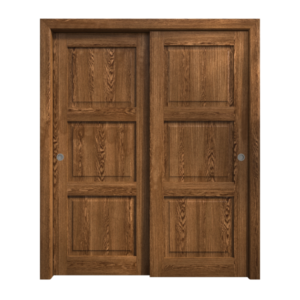 Sliding Closet Bypass Doors 72 x 84 inches | Ego 5010 Cognac Oak | Rails Hardware Set | Wood Solid Bedroom Wardrobe Doors