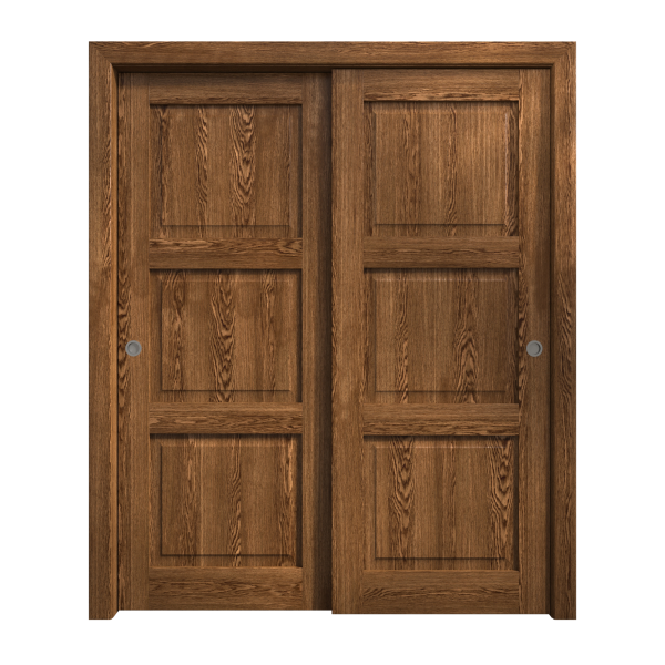 Sliding Closet Bypass Doors 56 x 84 inches | Ego 5010 Cognac Oak | Rails Hardware Set | Wood Solid Bedroom Wardrobe Doors